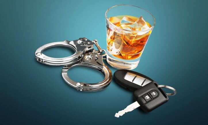 Alcohol dependency addressed by Fairfax DUI lawyer- Photo of alcohol, keys and handcuffs